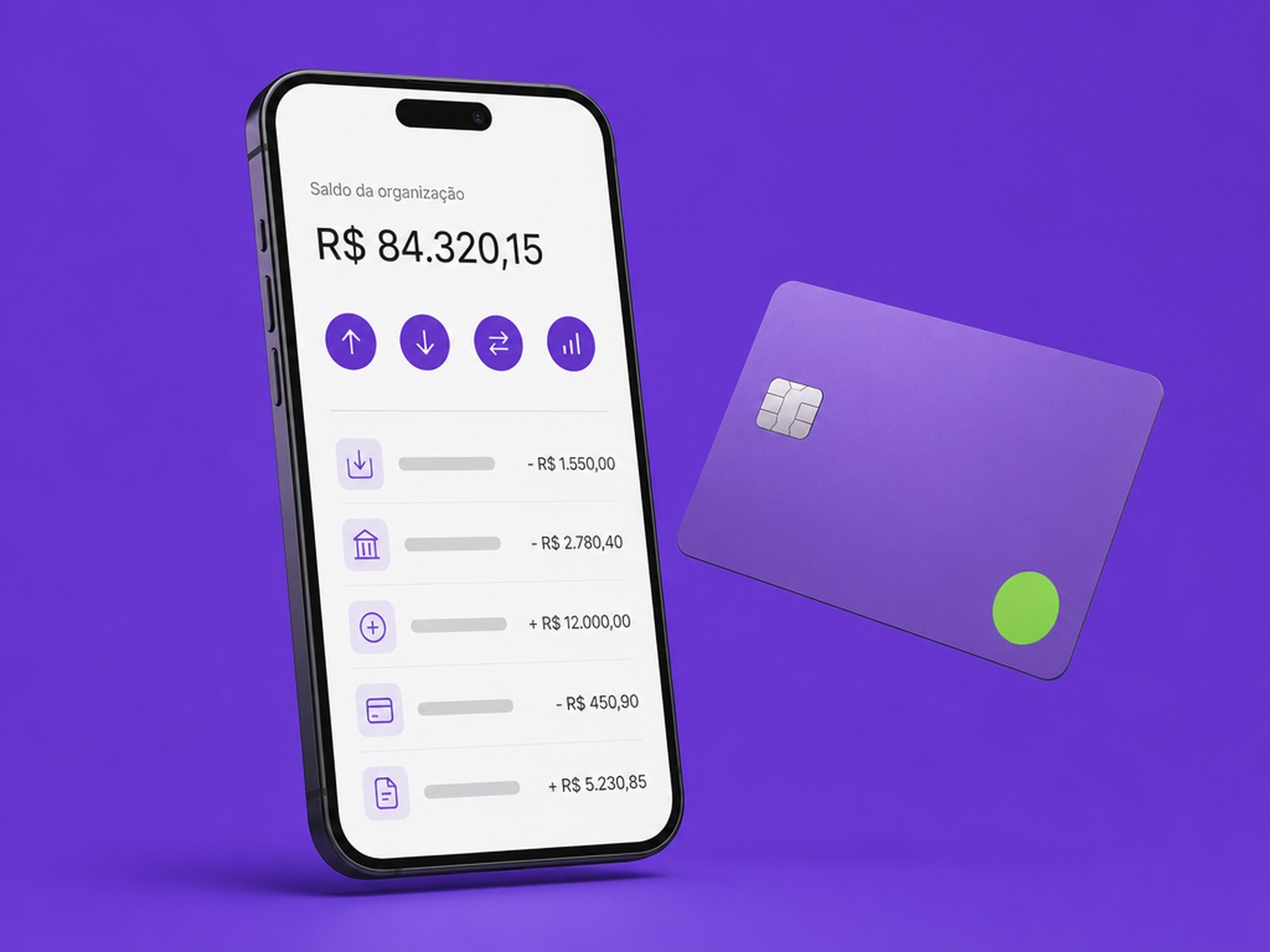 A conta da ImpactaPay no celular, com saldo da organização, e o cartão corporativo